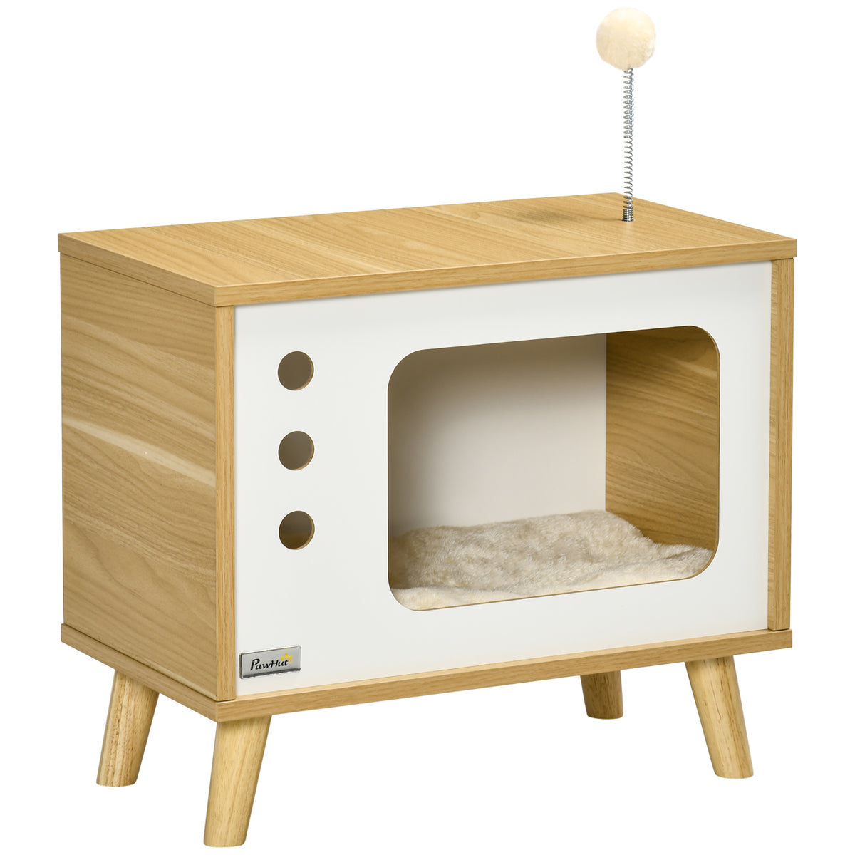 Kattenhol in tv-design incl. speeltje, wasbaar kussen, 50 cm x 28 cm x 43 cm, eiken + beige + wit