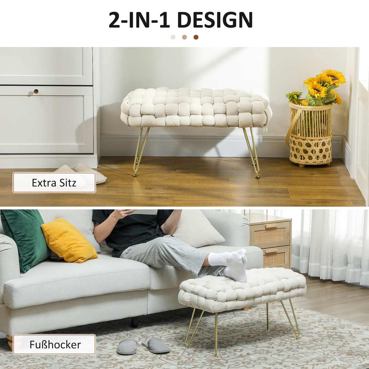 Moderne poef met metalen poten, gestoffeerde zitting, voor woonkamer, slaapkamer, hal, crèmewit (5)