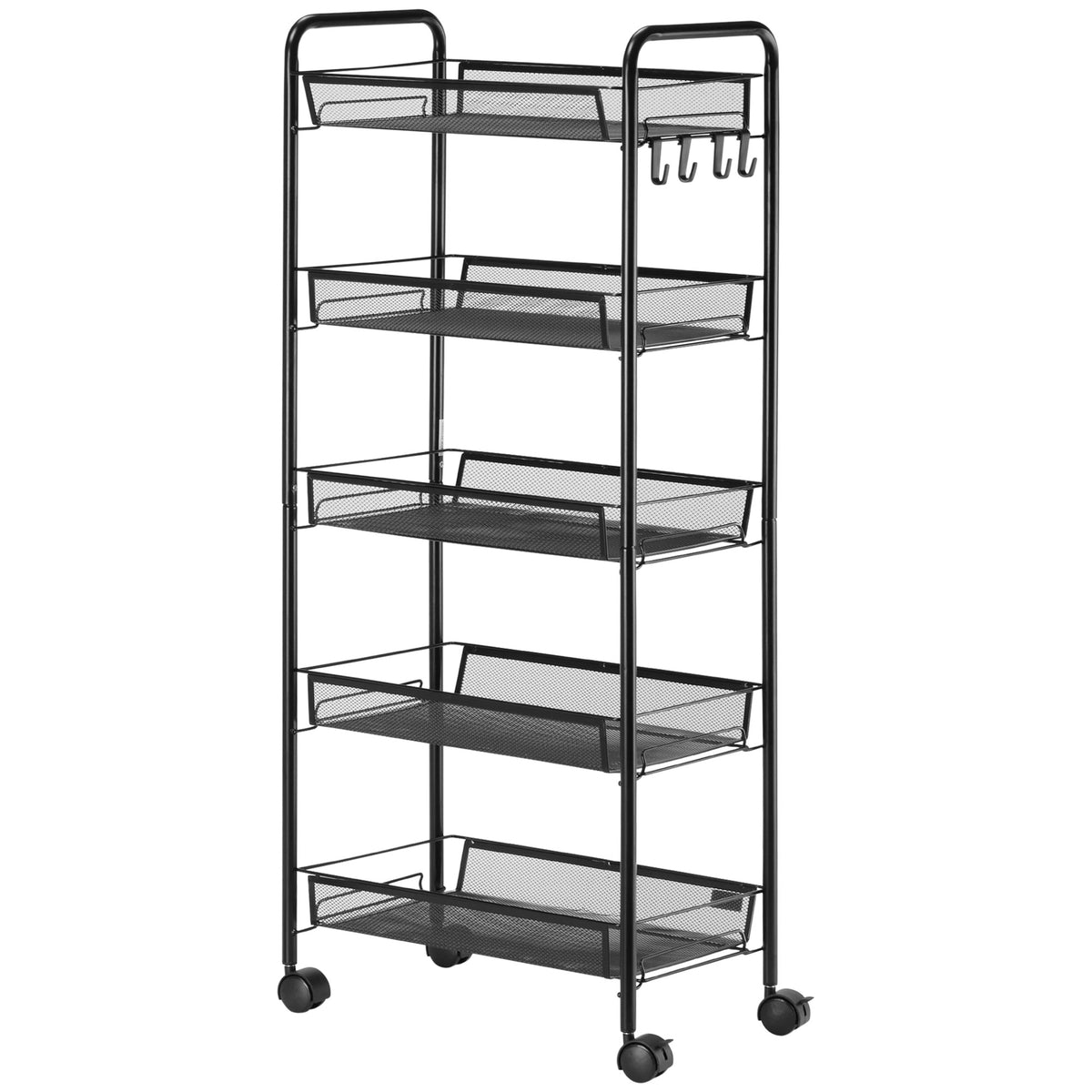 Keukenwagen met 5 draadmanden, 4 haken, 4 wielen, 2 handgrepen, staal/kunststof, 45x26,5x106 cm, wit
