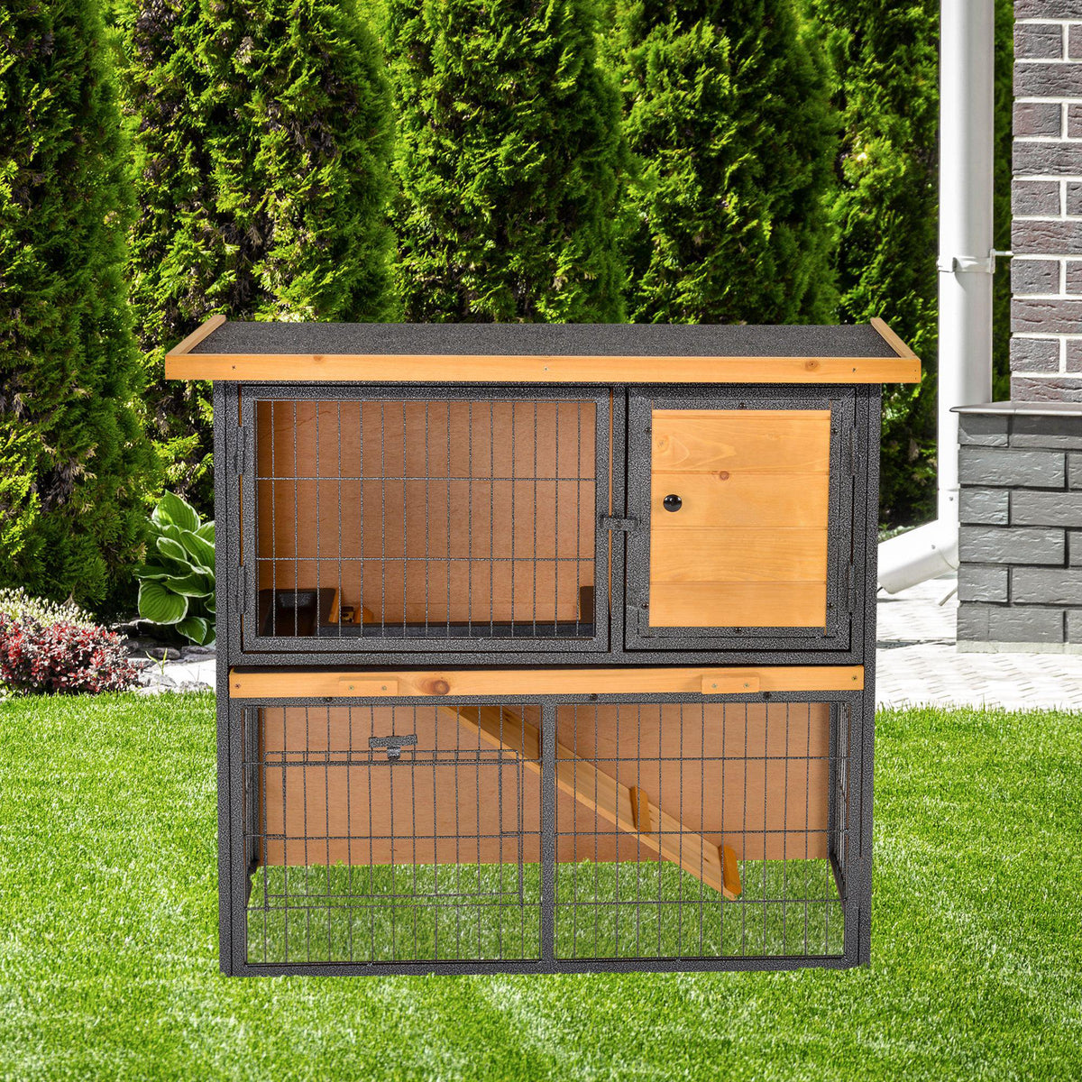 Kleine dierenstal verhoogd huisdierverblijf kooi met afsluitbare deur hout-metaal lichtgeel 89,5 x 45 x 81 cm (2)