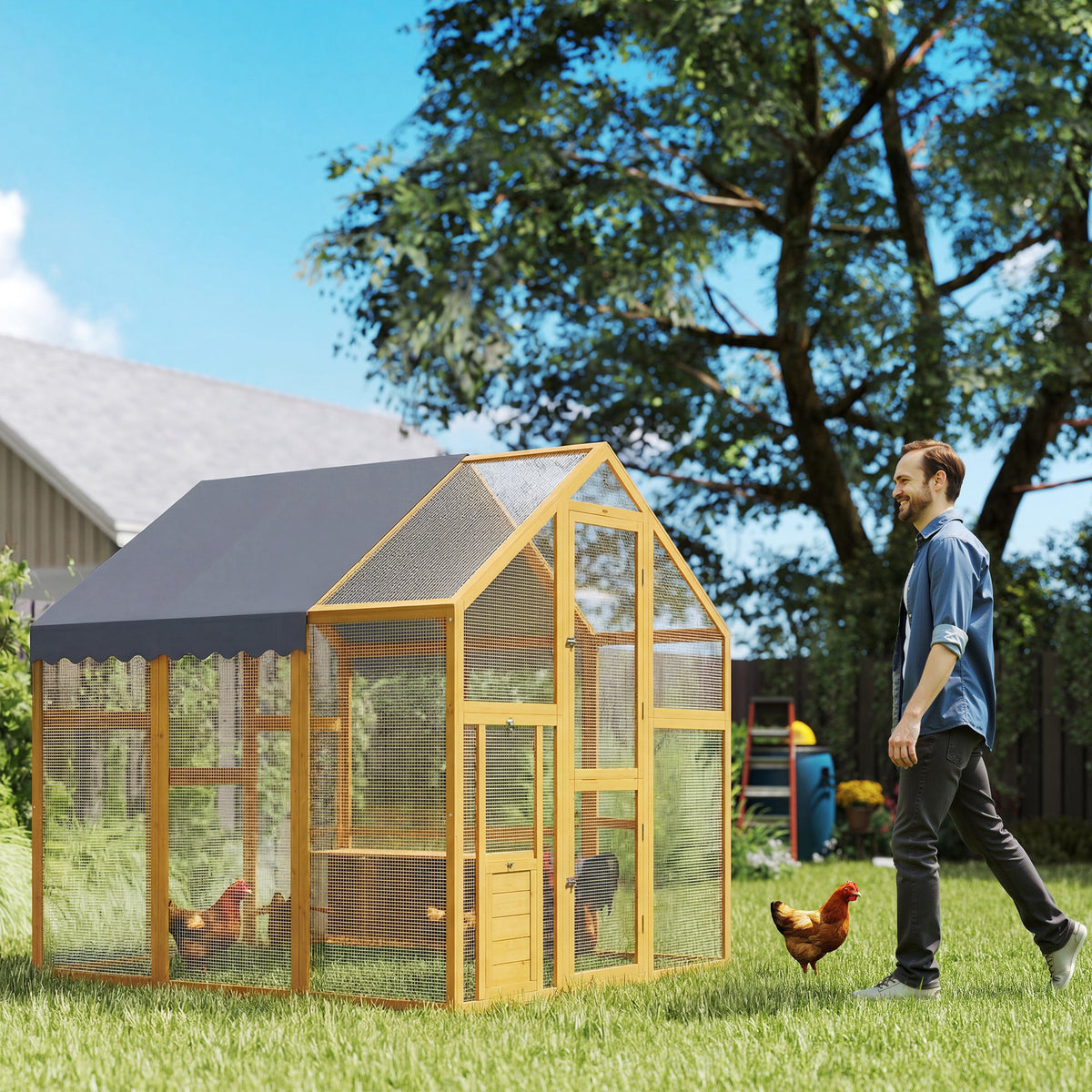 Kippenhok 3,07m² uitloopren van hout met waterdicht doek, veiligheidsslot, voor 6-8 kippen 1,7 x 1,8 x 1,8 m (2)