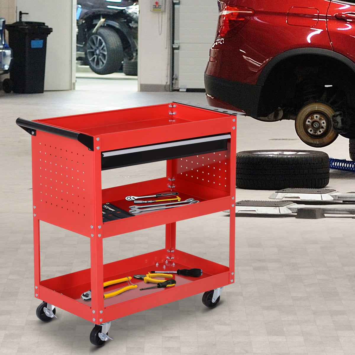 Gereedschapskoffer gereedschapstrolley gereedschapsbox, 3 niveaus, 4 wielen, 82 cm x 35 cm x 76 cm, rood (2)