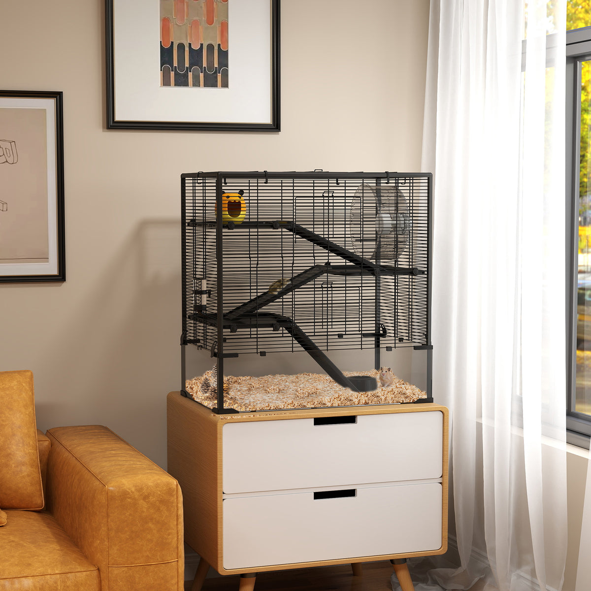 Hamsterkooi met glazen bodem, 4-laags hamsterverblijf met huisje en accessoires, 78,5L x 48,5B x 80H cm, zwart (2)
