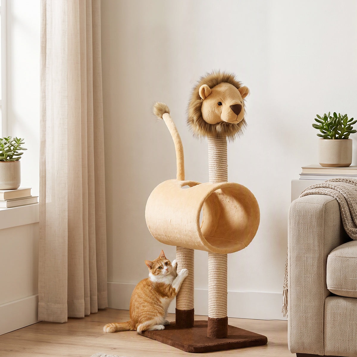 Krabpaal 104 cm kattenboom met leeuw-design krabpaal, tunnel, hangende staart tot 7 kg, lichtbruin (2)