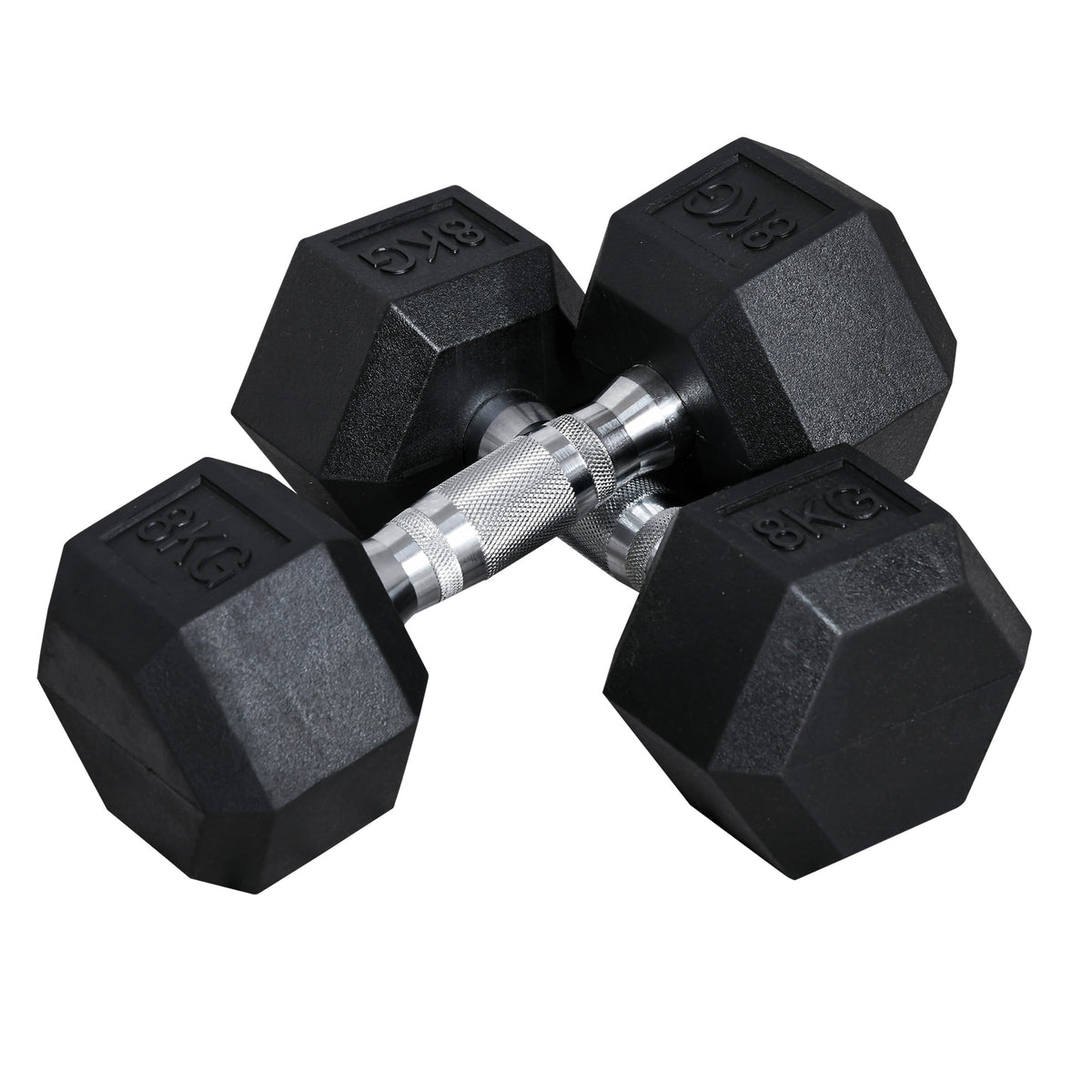 Zeshoekige gietijzeren dumbbell, rubberen halter, gekartelde handgreep, gewichten metaal rubber zwart 2 x 8 KG