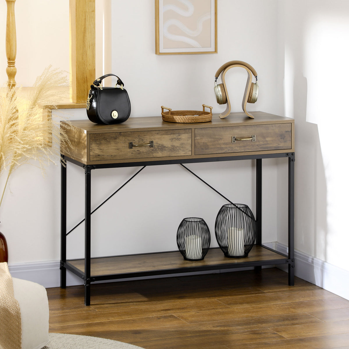 Sidetable haltafel met legplank en 2 lades, 100 x 35 x 76,5 cm bijzettafel salontafel presentatietafel voor (2)