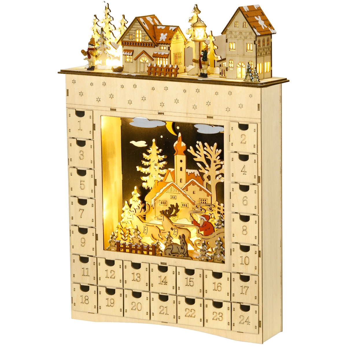 Adventskalender om zelf te vullen, 24 lades, vakjes, kerstkalender met ledverlichting, naturel hout, 36 x 9 x 52