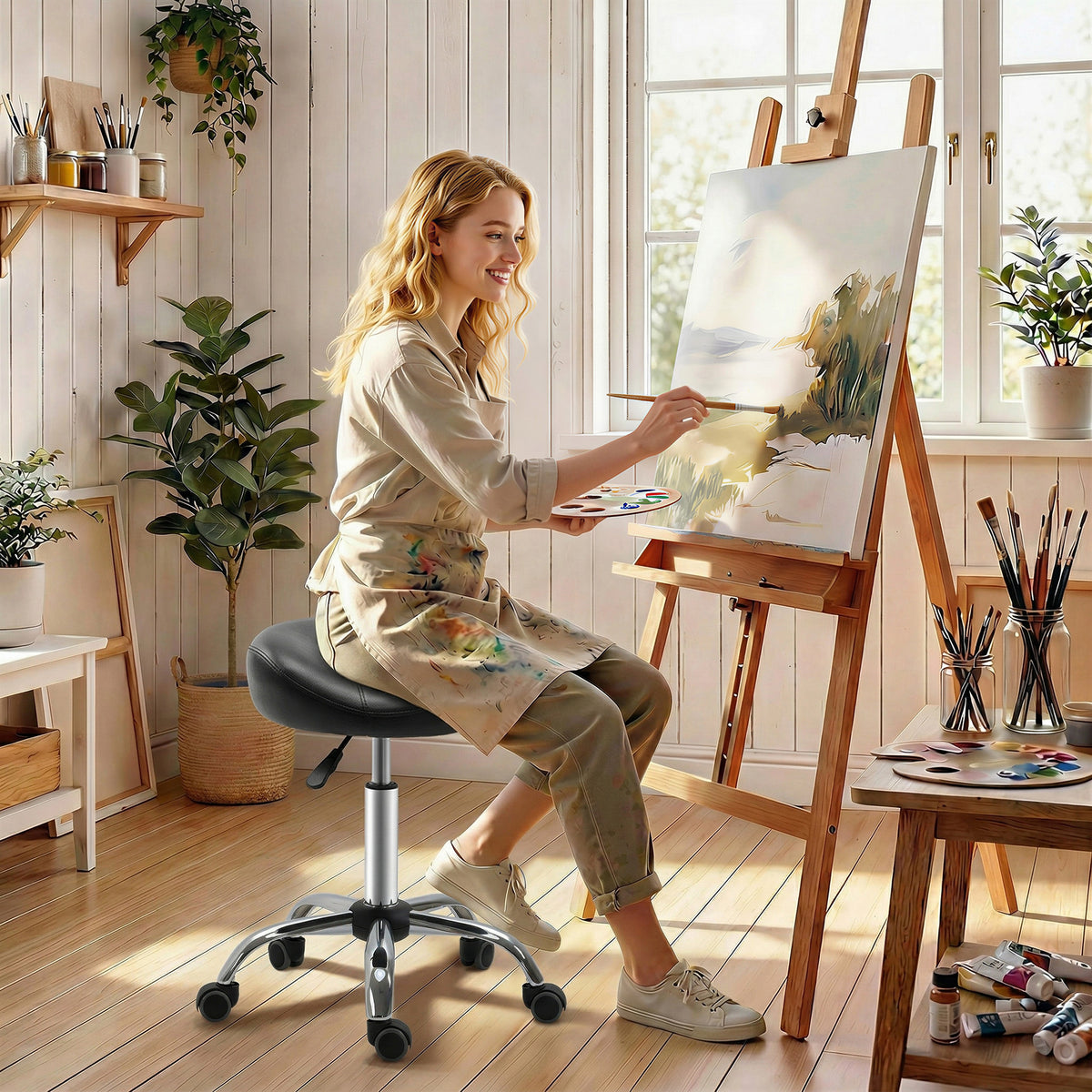 Salon-kruk met zadelzitting, in hoogte verstelbaar, kunstleer, 48x48x54-69cm, zwart (2)