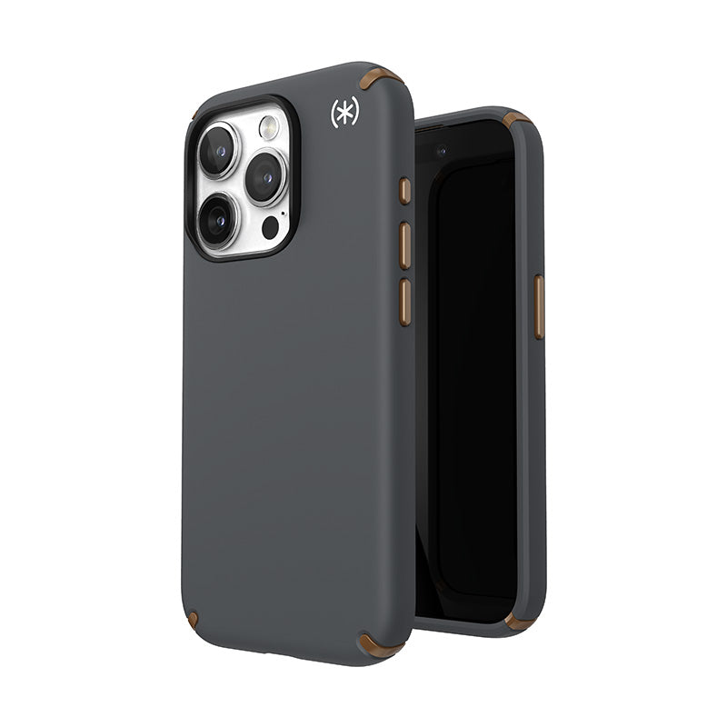 Speck Presidio2 Pro Magsafe hoesje - iPhone 15 Pro (houtskoolgrijs / koel brons / wit)
