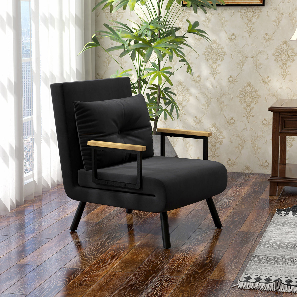 Relaxfauteuil in Scandinavisch design, ligstoel, leesstoel. Incl. kussen met knoopsluiting, zwart (2)
