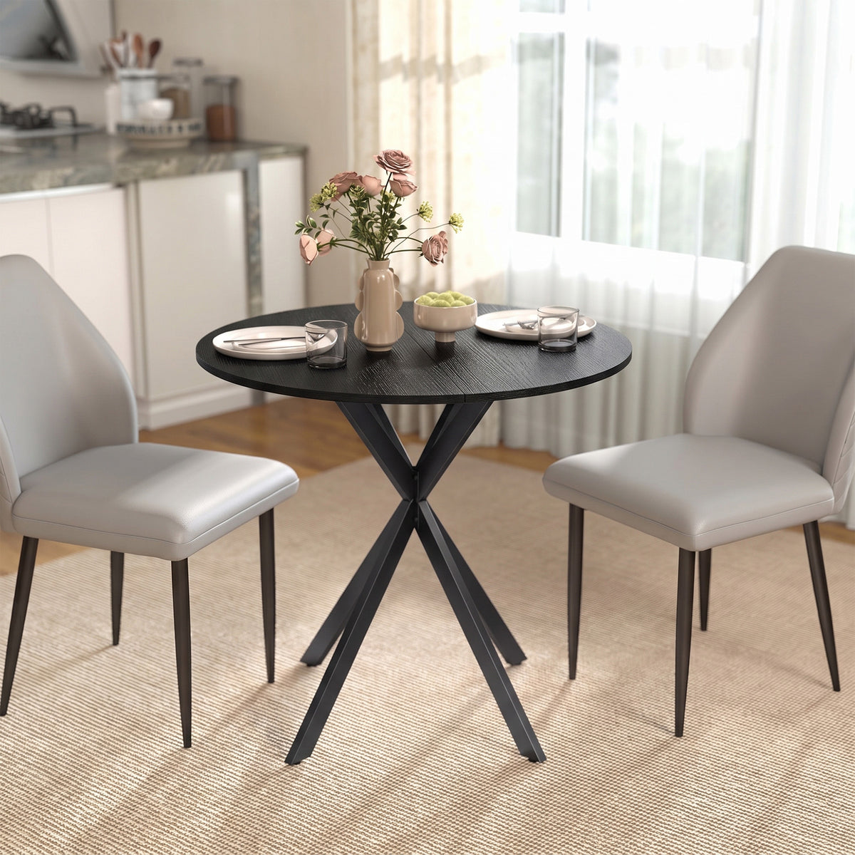 Ronde keukentafel, 80 cm, compact tafelblad, spaanplaat, metaal, zwart (2)