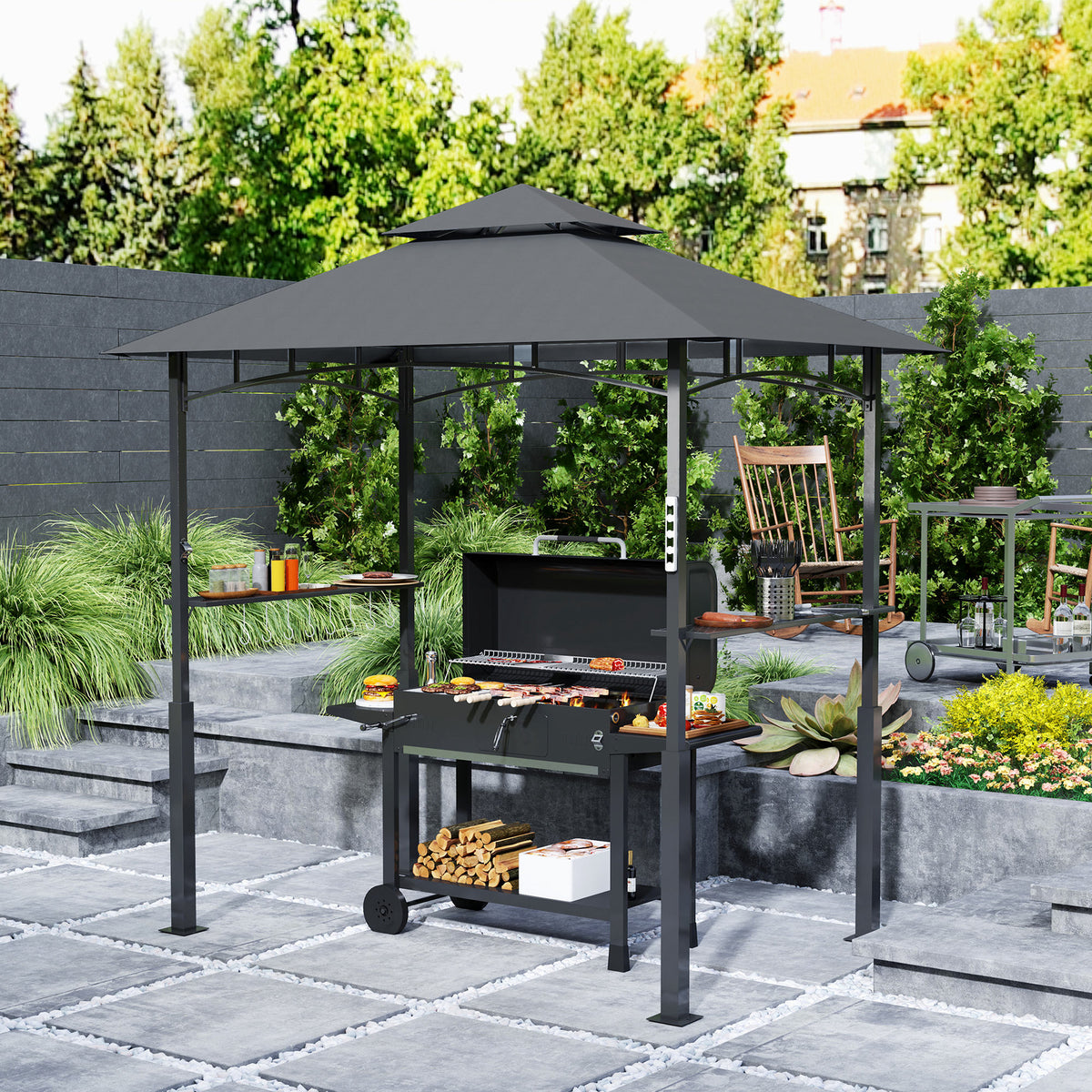 Grillpaviljoen, tuingrilltent met kruidenrekken, ledverlichting, metaal, kunststof, 243L x 148B x 248H cm, grijs (2)