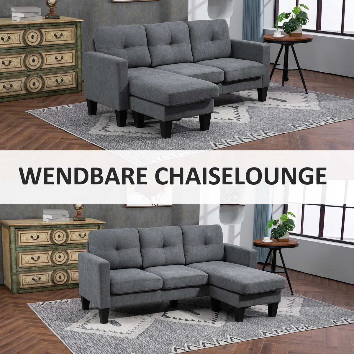Hoekbank in L-vorm, aan beide zijden monteerbare chaise longue, gestoffeerde bank, donkergrijs (6)