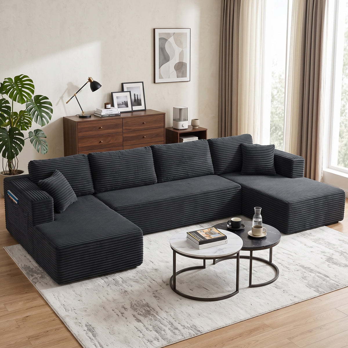 Modulaire U-bank met 2 chaise-longues, slaapbank van corduroy met schuim met hoge dichtheid en vering (2)