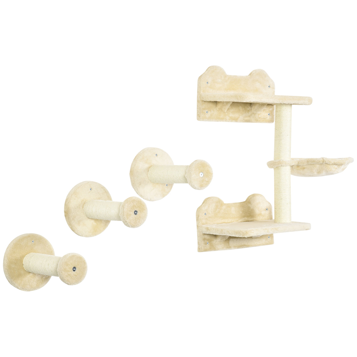 Klimtreden, klimwand, kattentrap, 4-delige set, met krabpaal, hangmat, beige+crèmewit, 40 x 28 x 73 cm