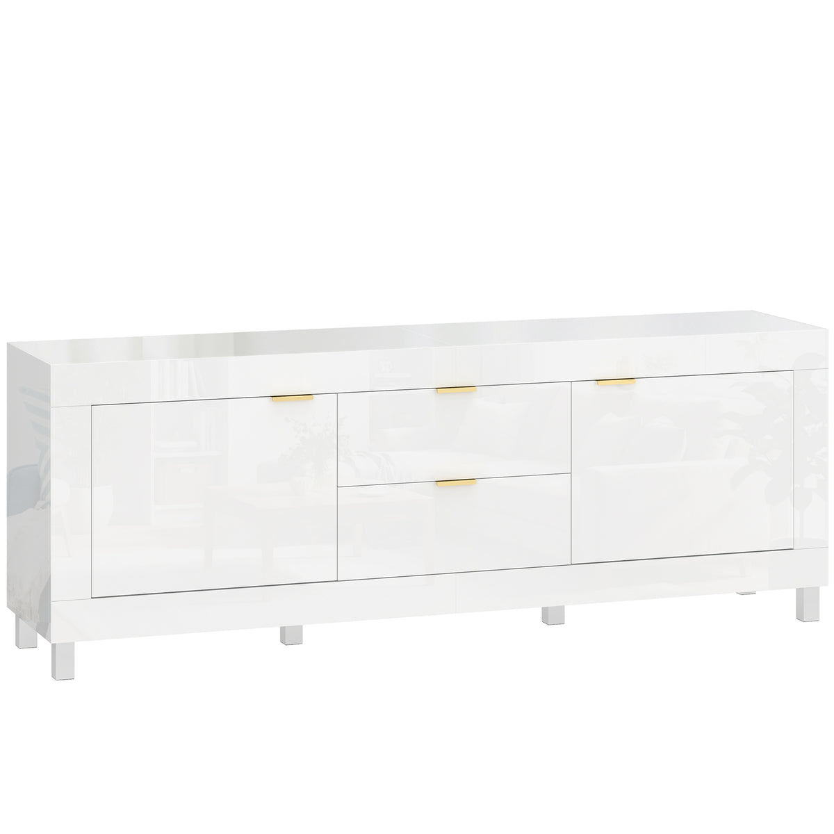 TV-meubel voor televisies tot 75 inch, modern entertainmentcenter met 2 kastjes en 2 lades, hoogglans wit