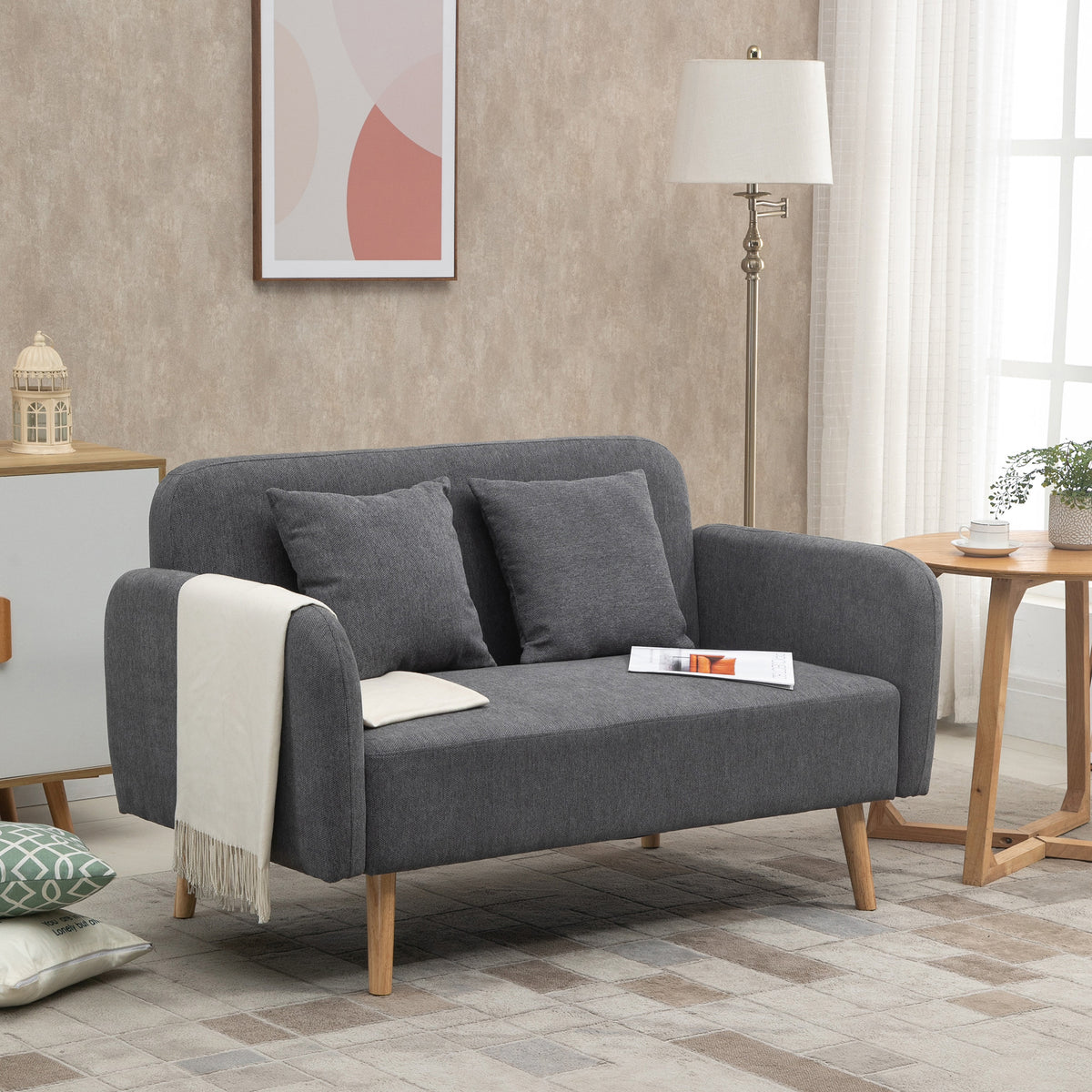 2-zitsbank met 2 sierkussens, kleine loveseat met fluwelen bekleding, moderne gestoffeerde bank voor woonkamer (2)