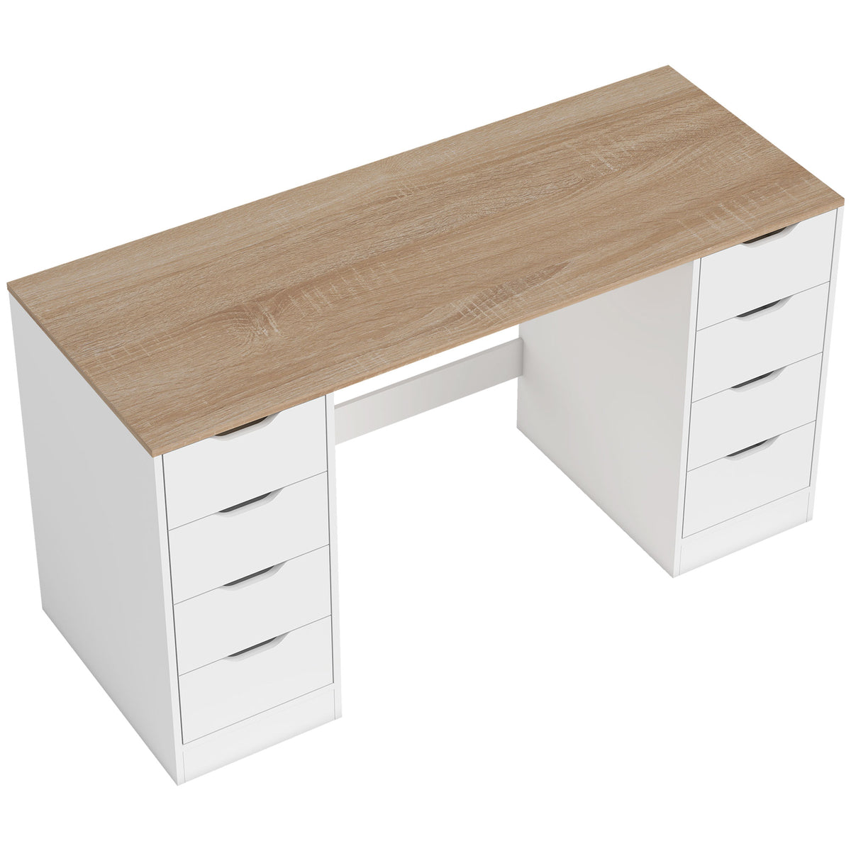 140 cm computertafel, 8 lades, bureau voor thuiskantoor, slaapkamer, staal, hout, naturel