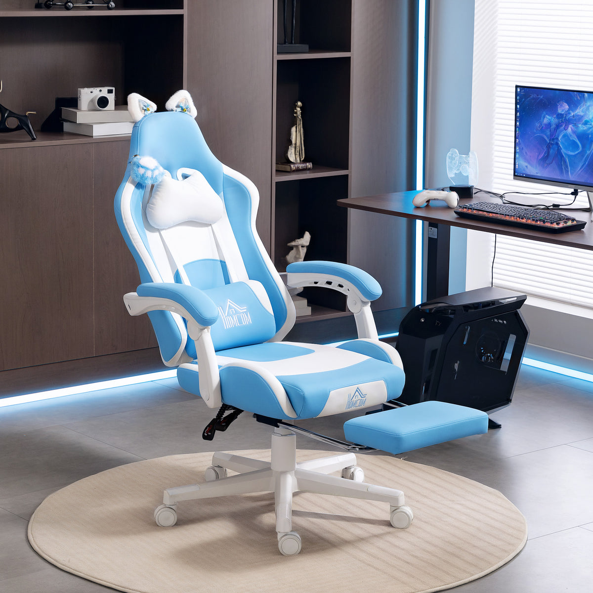 Gaming-stoel met kattenoren, kantelbare rugleuning, uitschuifbare voetensteun, belastbaar tot 120 kg, zeeblauw (2)