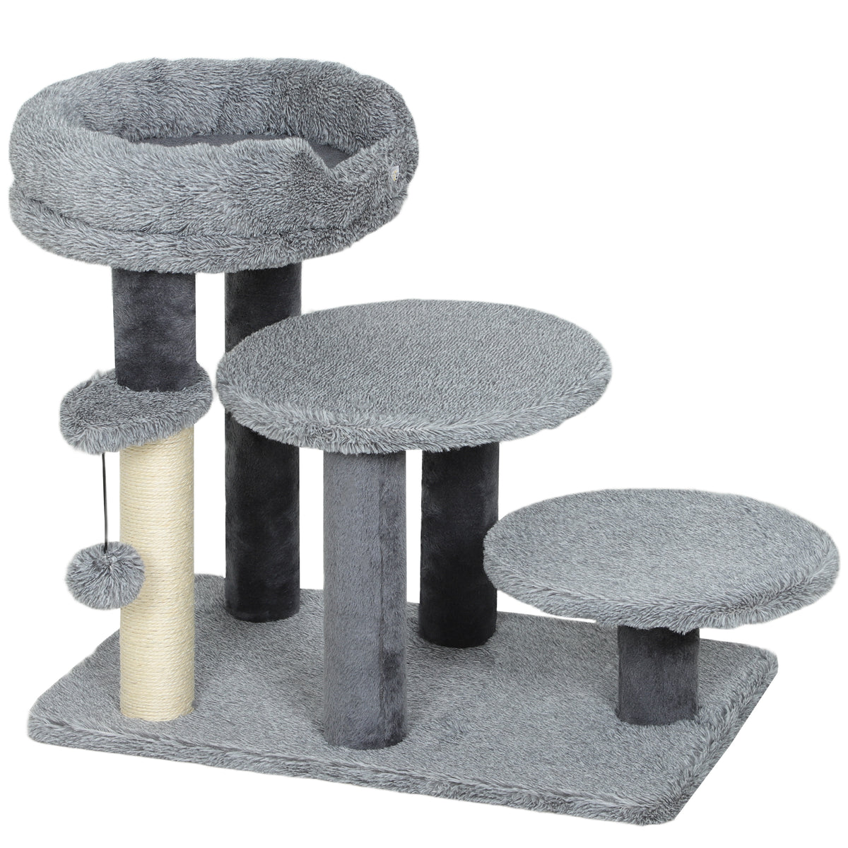 Krabpaal en kattentrap, brede basis, pluche stof, sisal krabpaal, grijs