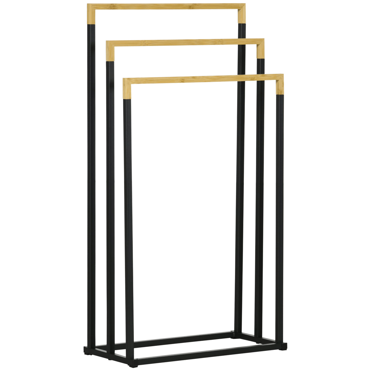 Handdoekhouder, set van 3 handdoekstangen, industrieel design, bamboe, 45 x 22,5 x 86 cm, zwart + naturel