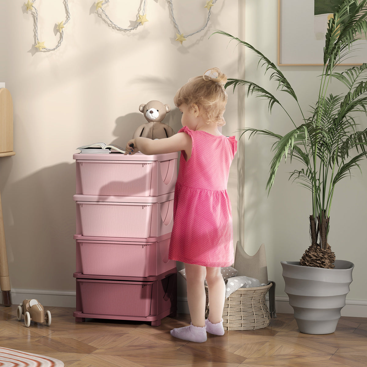 Opbergdozen voor kinderen, 4 lades, afgeronde randen, verhoogd ontwerp, 37x37x76 cm, roze (2)