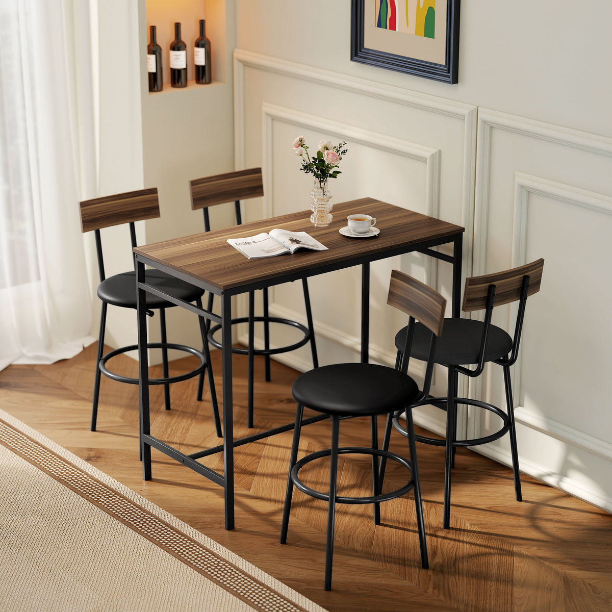 5-delige bartafelset met 4 stoelen, industrieel design, voor keuken, eetkamer, hout, staal, bruin (2)