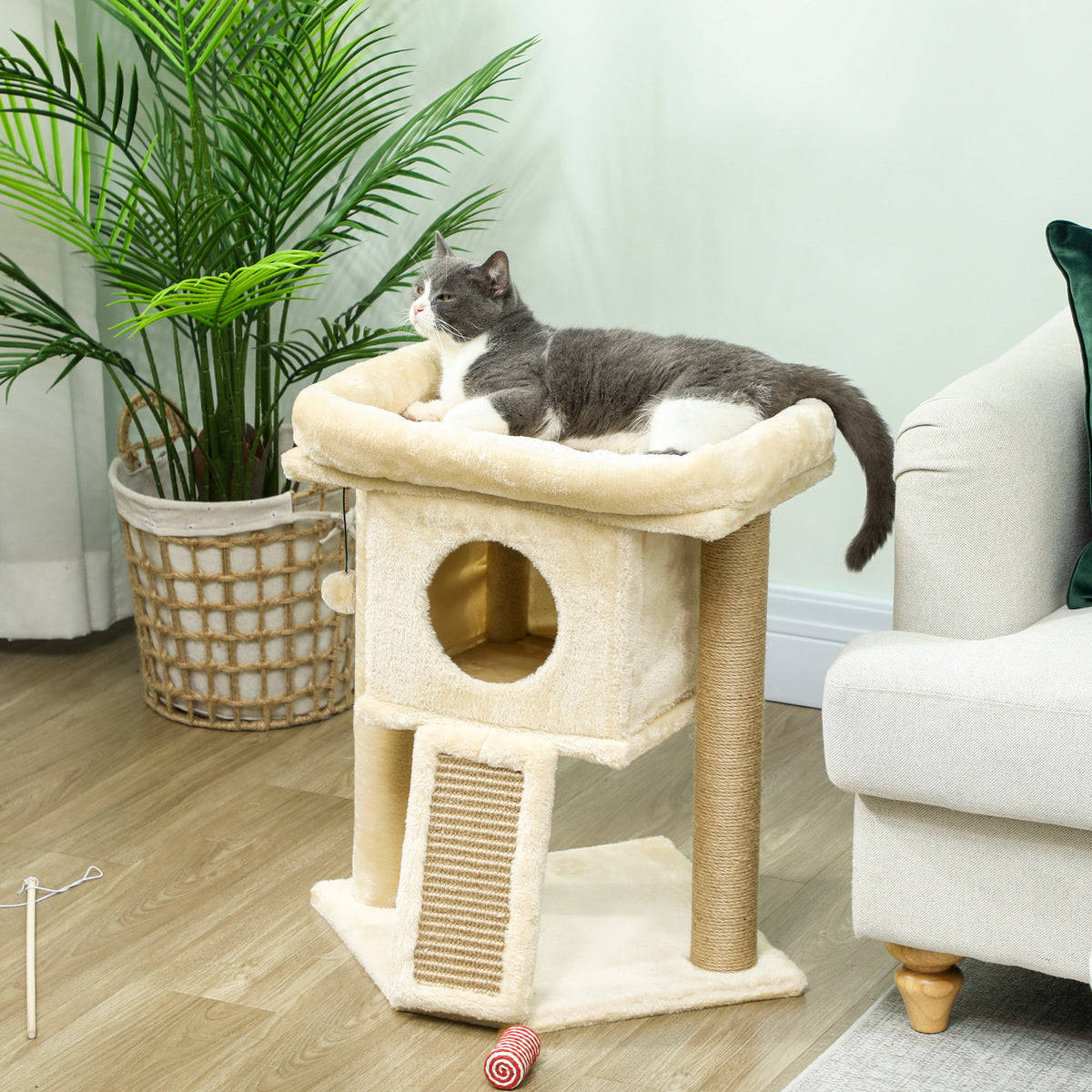 Krabpaal met jute krabmat, ligplatform, speelbal, kattenhuis, beige, 40 x 40 x 57 cm (2)