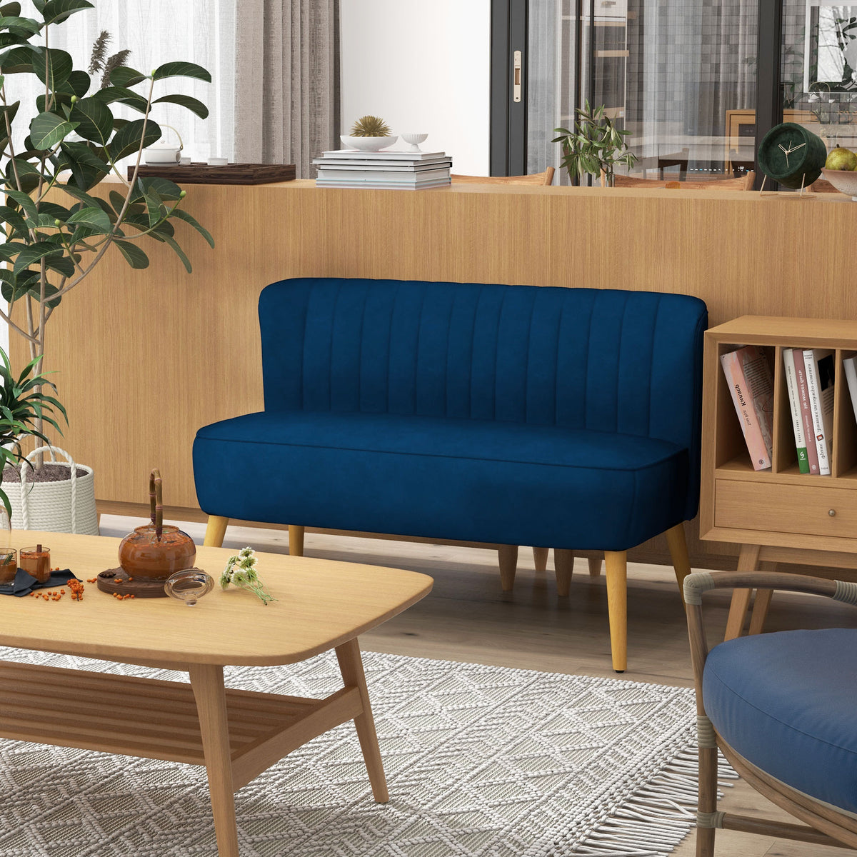Bank retrodesign 2-zitsbank, houten poten, 117 cm x 56,5 cm x 77 cm, blauw (2)