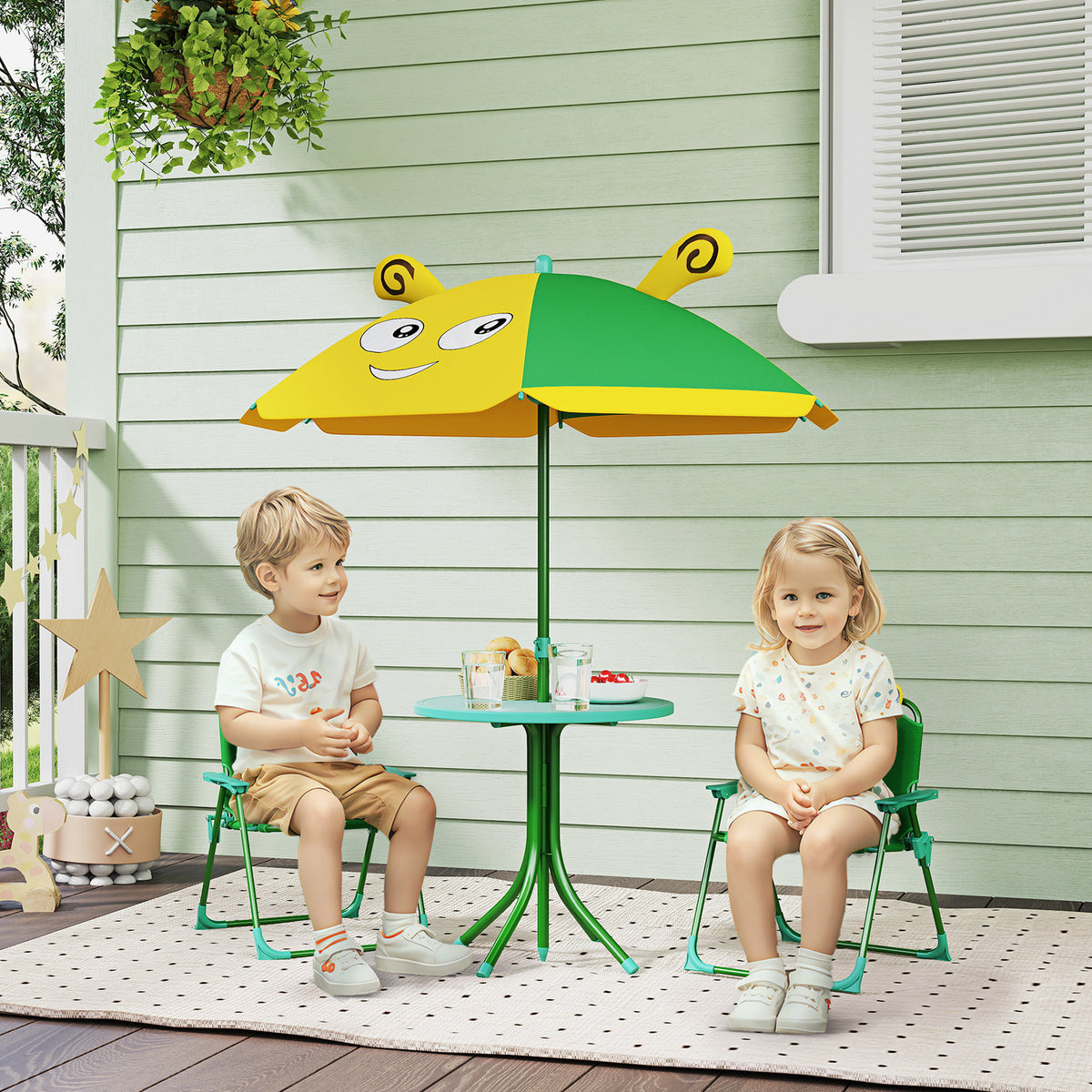 Tuinmeubelset voor kinderen, stoelen, tafel, parasol, bijendesign, groen+geel (2)