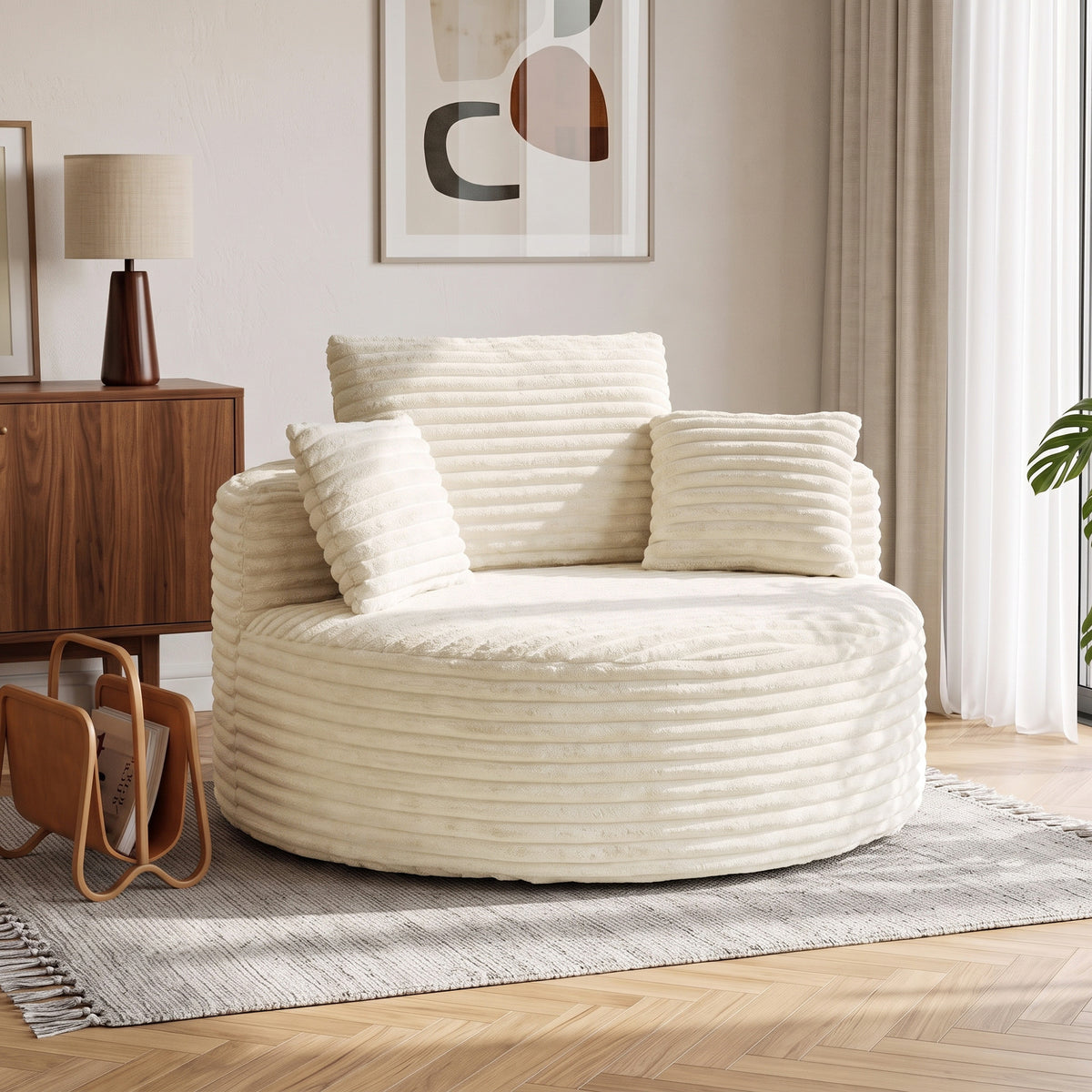 Fauteuil met diepe zitting, losse bank zonder vast frame, volledig schuimrubberen ontwerp, 4 kussens, crèmewit (2)