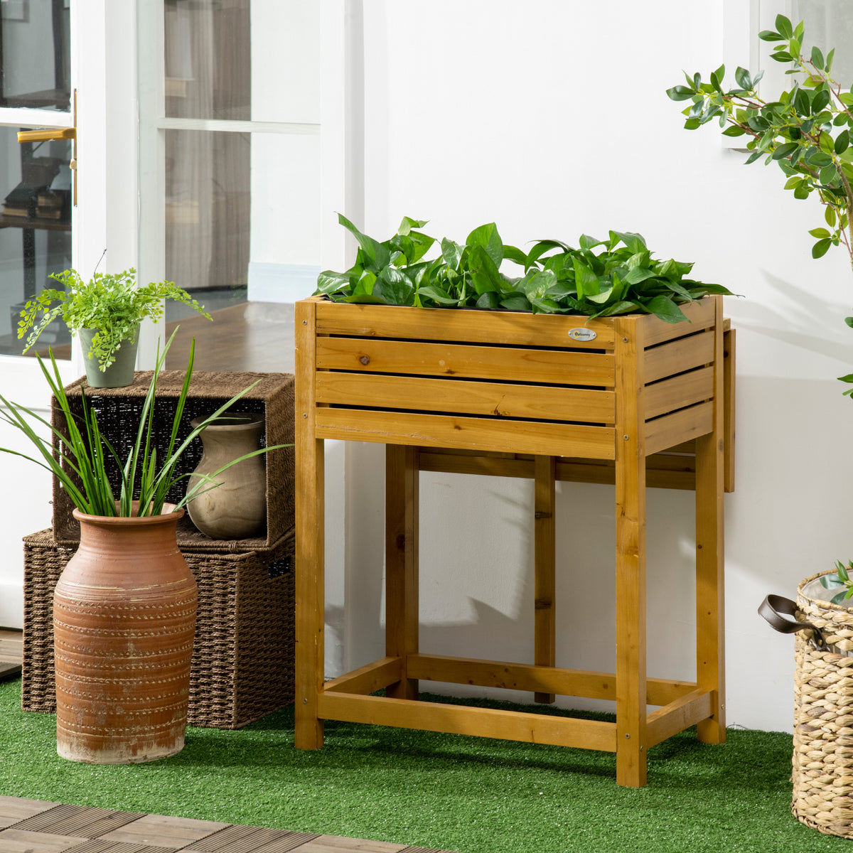 Verhoogde moestuinbak met inklapbaar werkblad, gelakt massief hout, binnenbekleding van vlies, 64 cm x 63 cm x (2)