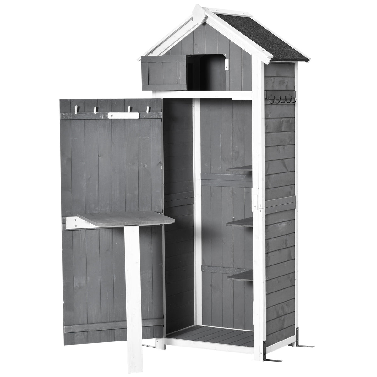 Tuinkast hout, weerbestendige gereedschapsschuur 78x52,5x182cm, tuinhuis met deur, zadeldak, gereedschapskast