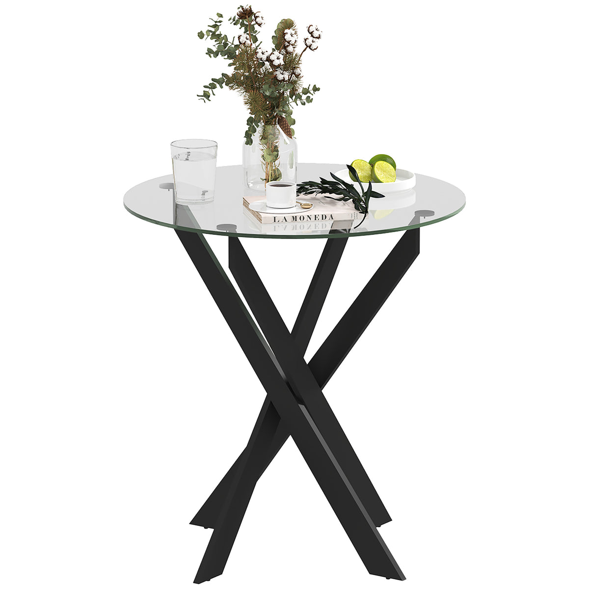 Moderne glazen eettafel, 70 cm diameter, keukentafel met gehard glazen blad en metalen poten, voor 4 personen
