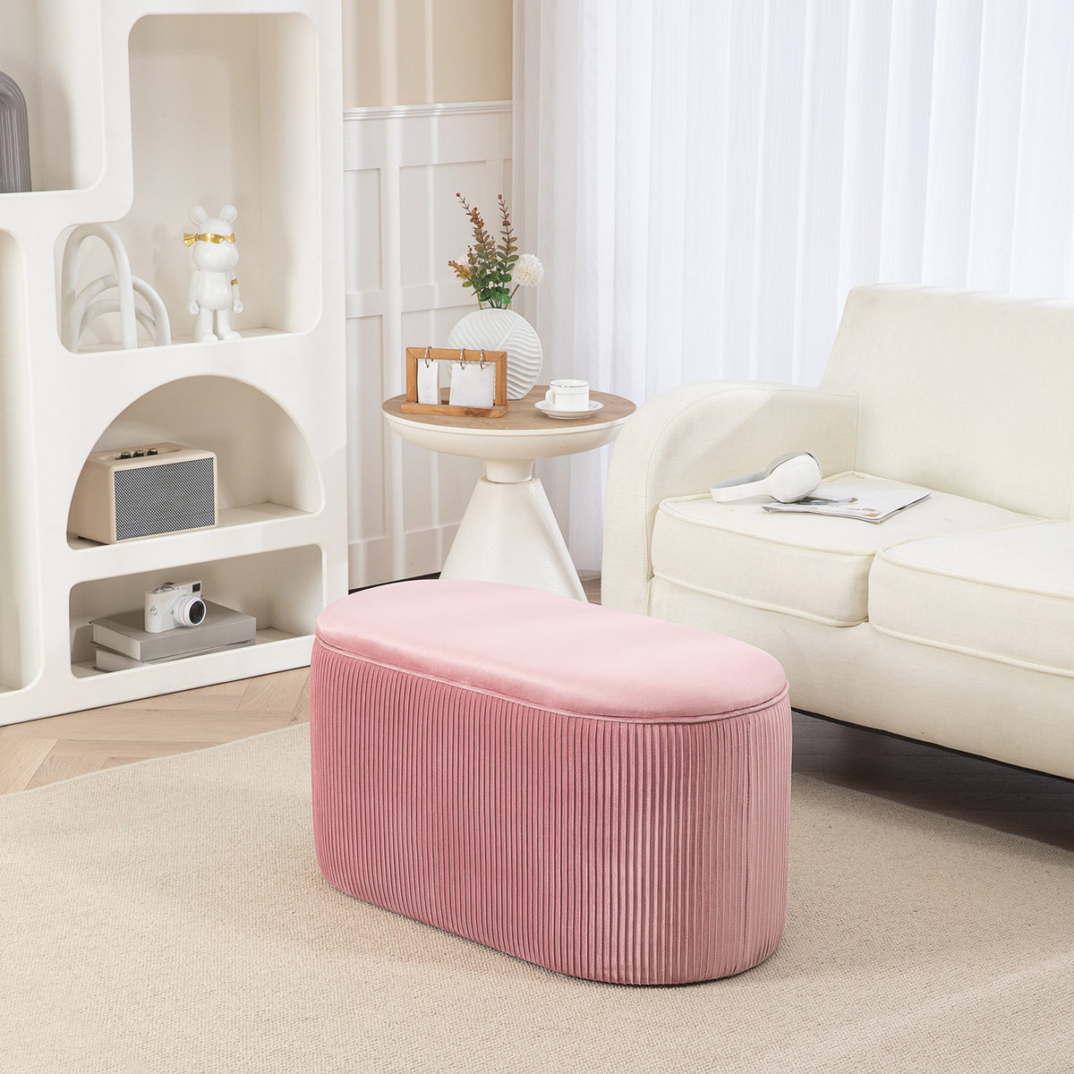 Bank met opbergruimte, gestoffeerde bank, ottomane, retrodesign, fluweellook, 81 cm x 40 cm x 41 cm, oudroze (2)