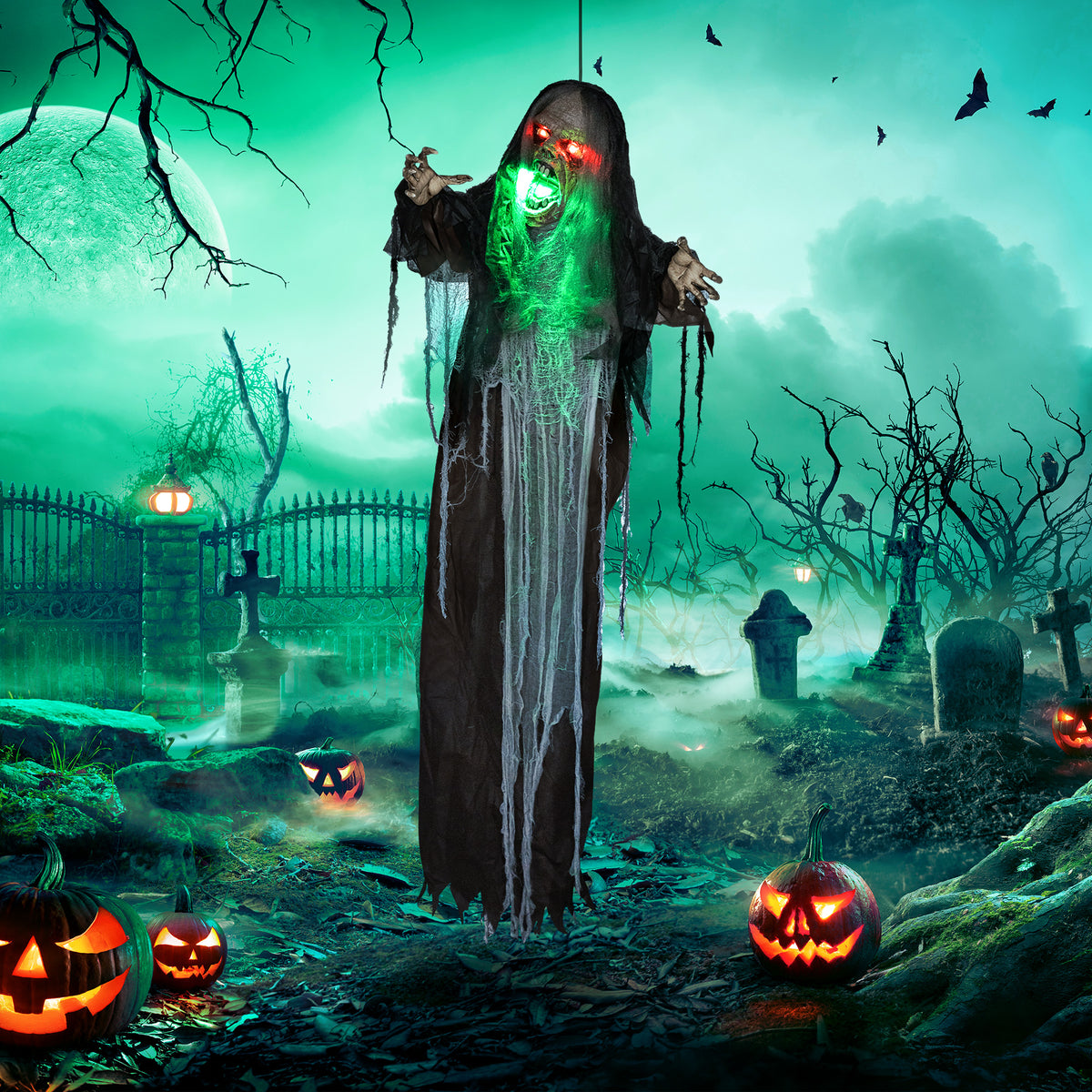 Groen monster, Halloween-decoratie, griezelige geluidseffecten, rode ogen, beweegbaar, 183 cm (2)