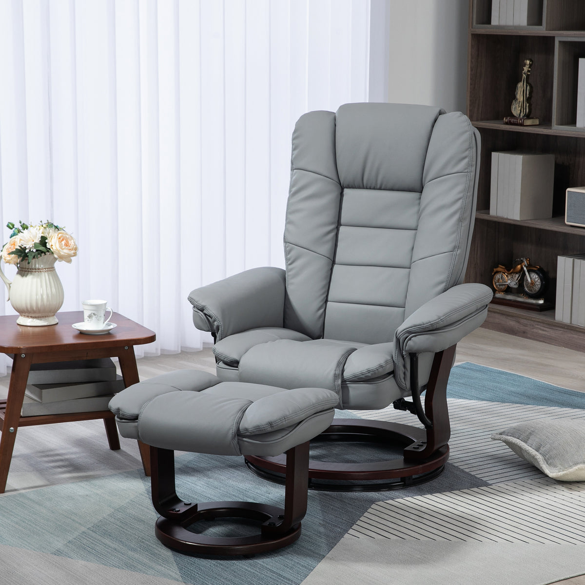 Relaxfauteuil met voetenbank, ligstoel, draaibaar, verstelbare rugleuning, lederlook, tot 130 kg, grijs (2)
