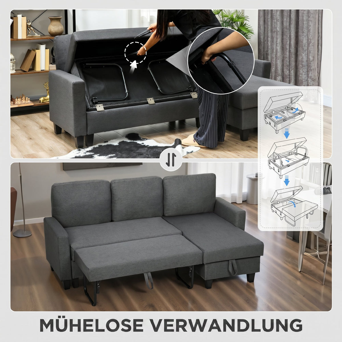 Hoekbank met slaapfunctie en opbergruimte, L-vorm slaapbank met verstelbare chaise longue, voor appartement en (5)
