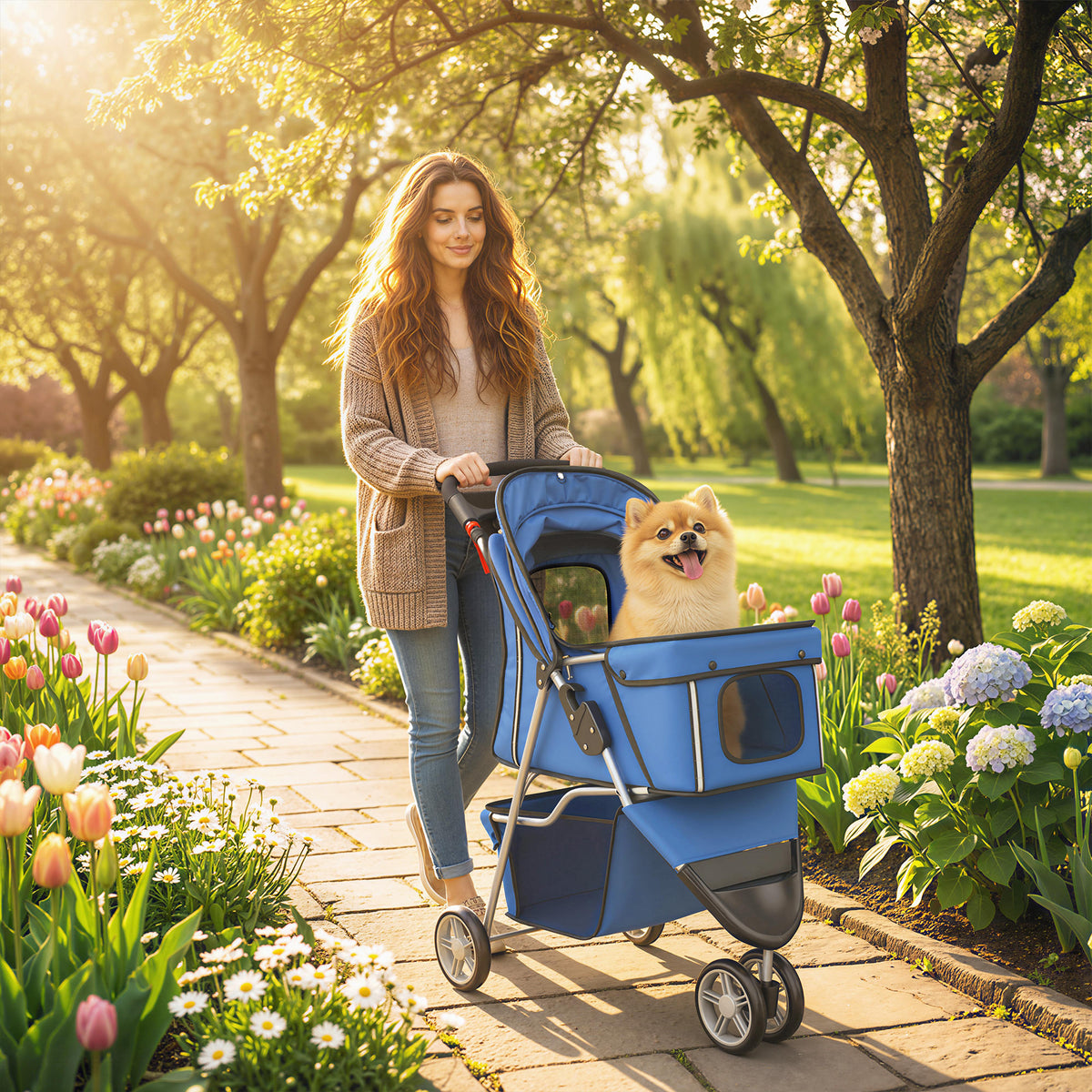 Hondenbuggy opvouwbaar tot 10 kg met opbergmand, kussen, gaasvensters, voor kleine honden, 77x44x102 cm blauw (2)