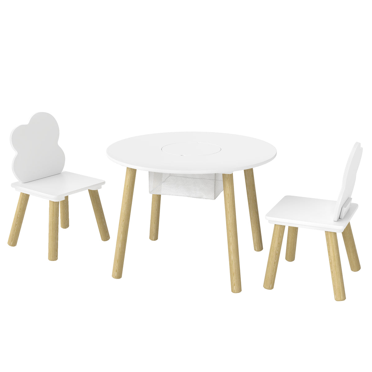 Kindertafel met stoeltjes en opbergruimte, 3-delige kindermeubelset in wit en naturel voor speelkamer en