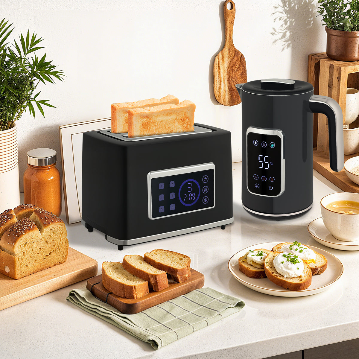 Waterkoker en broodroostersett met led-touchscreen, 1,7 l, 2 broodroostersleuven, verschillende modi en functies (2)