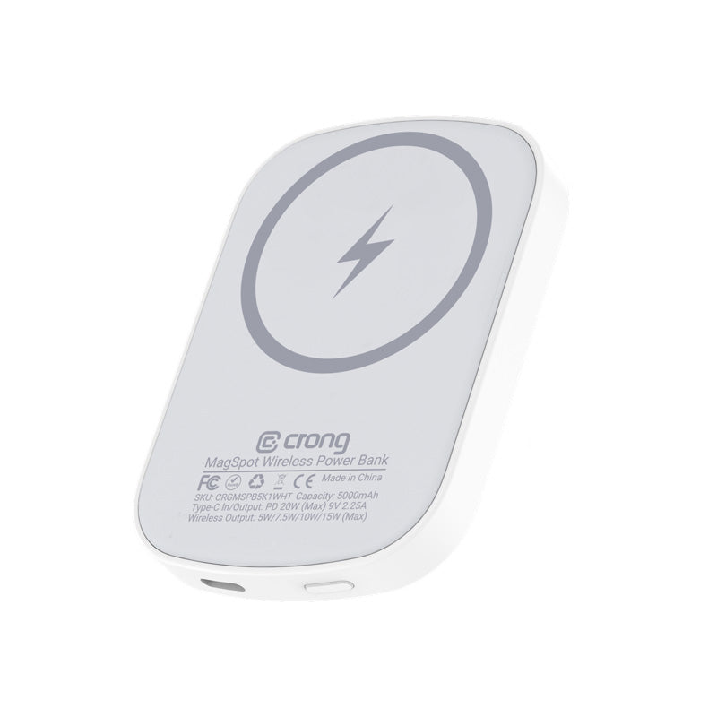 Crong MagSpot powerbank - ultradunne draadloze powerbank met MagSafe 5000mAh, USB-C 20W PD (wit)