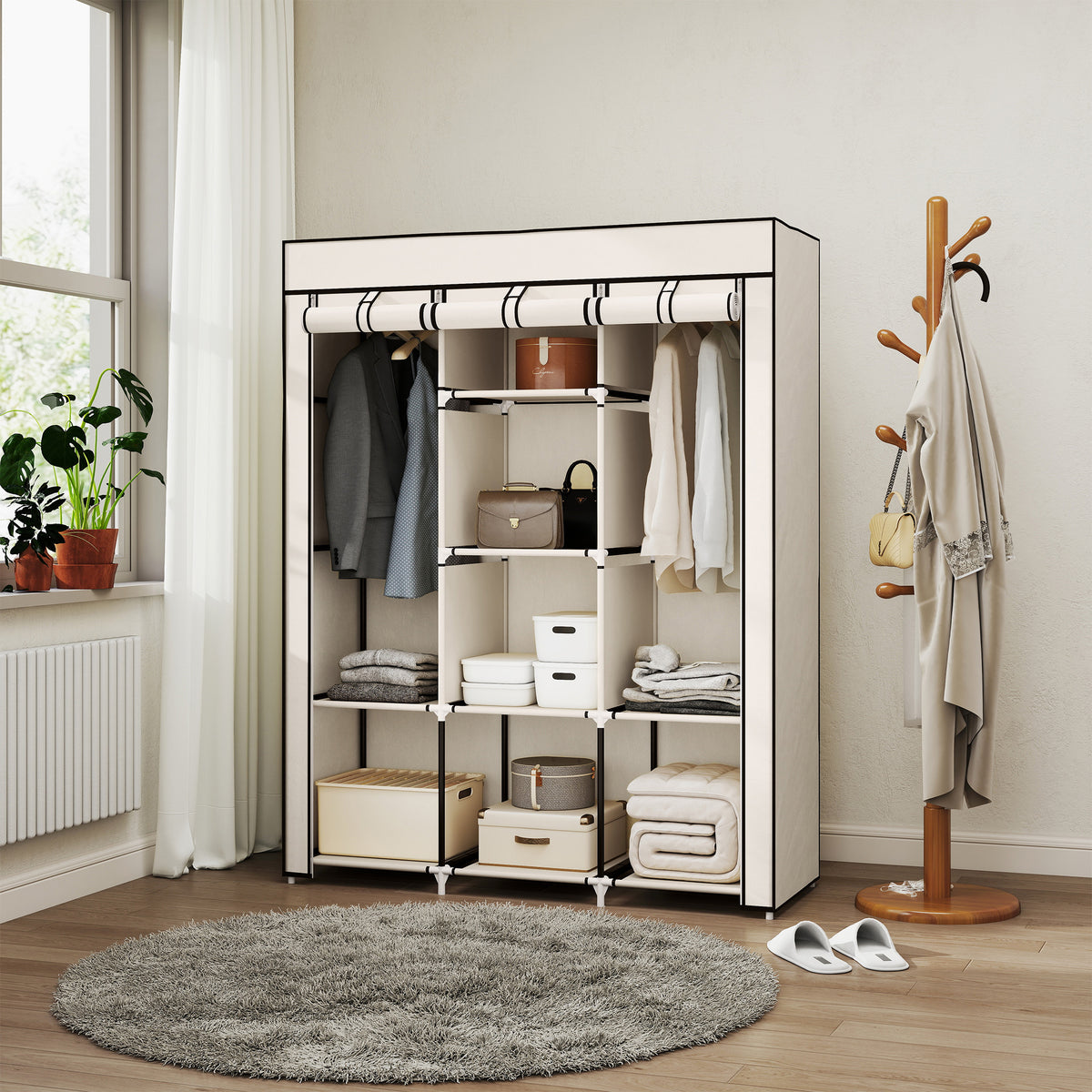 Stoffkast, opbergoplossing, 8 planken, 2 kledingroedes, crèmewit (2)