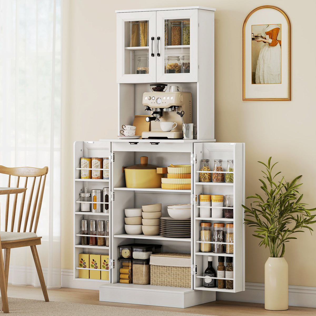 Keukenkast, verstelbare plank, werkblad, acryldeuren, kabelgat, voor woonkamer, keuken, eetkamer, MDF, wit (2)