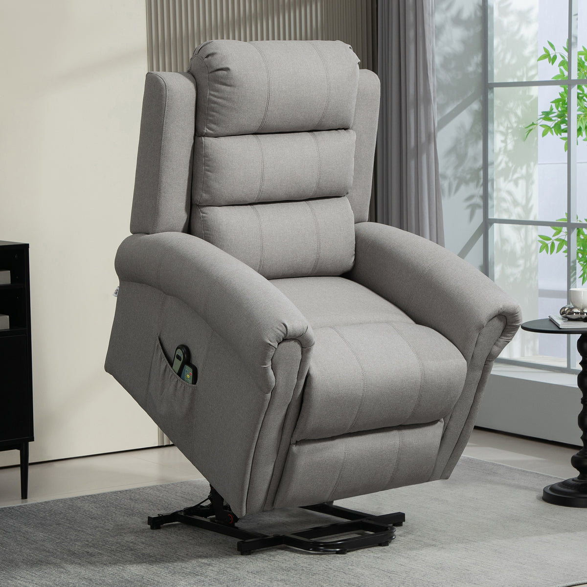 Relaxfauteuil met sta-opfunctie, 8 massagepunten, verwarmbare rugleuning, linnenlook, lichtgrijs (2)
