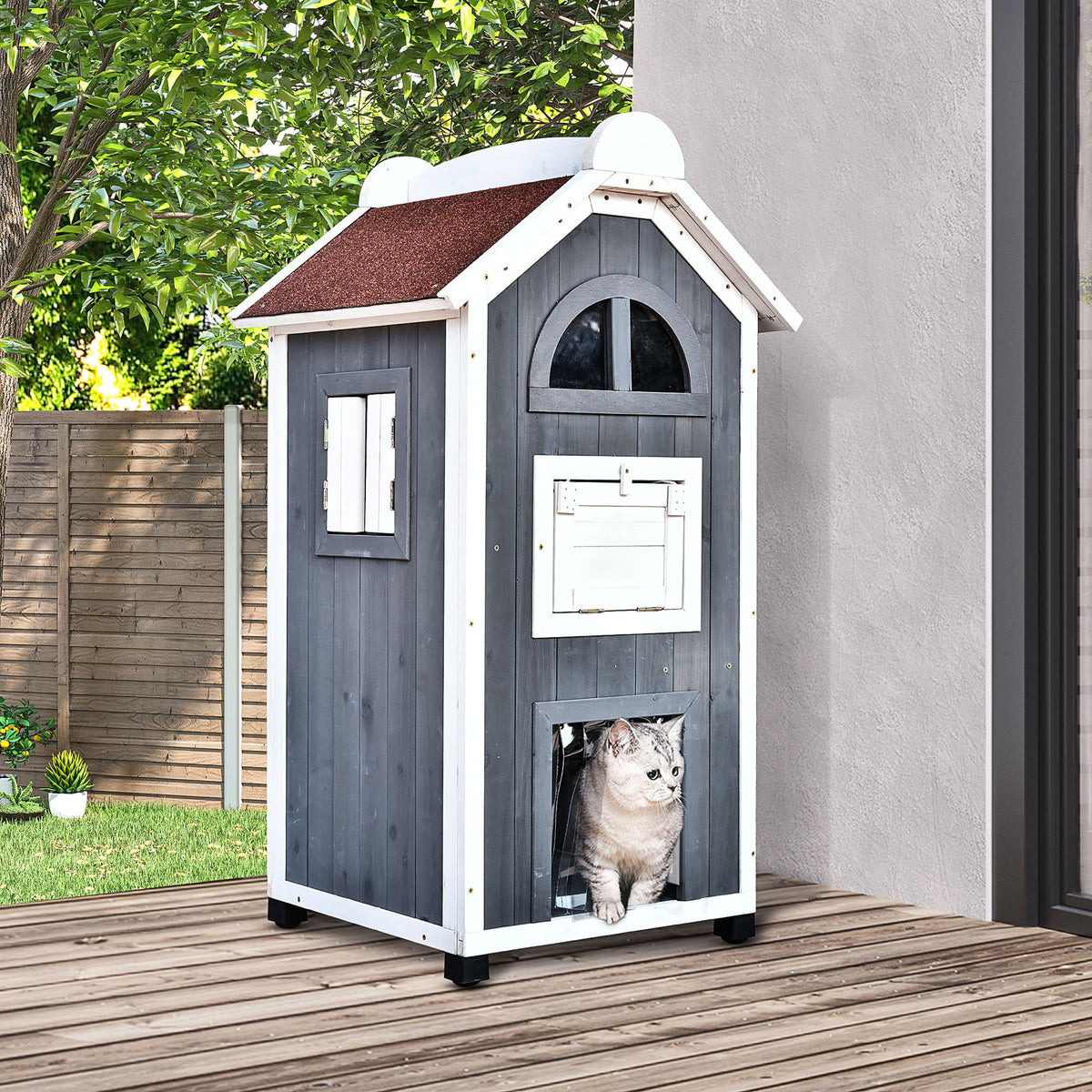Buitenkattenhuis, 2-verdiepingen kattenhuis van dennenhout, weerbestendig kattenhok met asfalt dak, voor 1-2 (2)