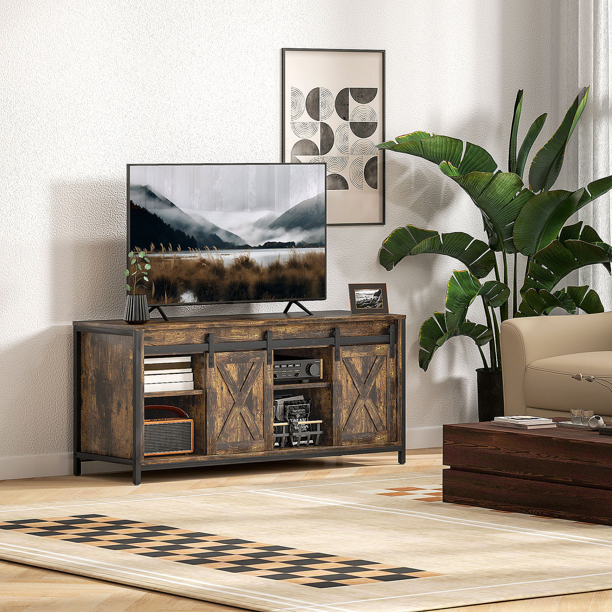 TV-meubel, industrieel design, voor 60'' tv's, 6 vakken, 2 schuifdeuren, bruin/zwart (2)