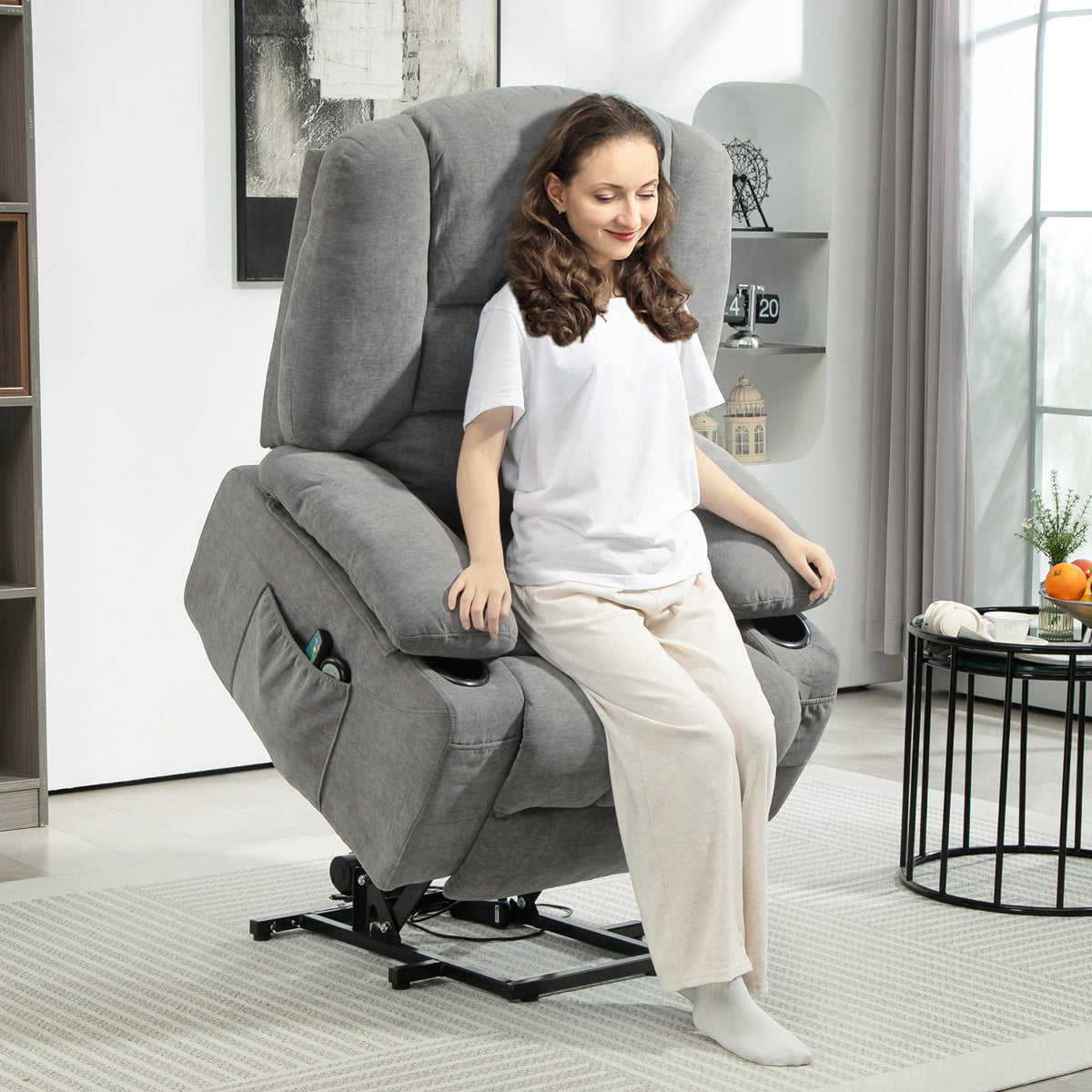 Elektrische relaxfauteuil met sta-op-hulp, massagestoel met warmtefuncties, 2 afstandsbedieningen, zacht schuim (2)