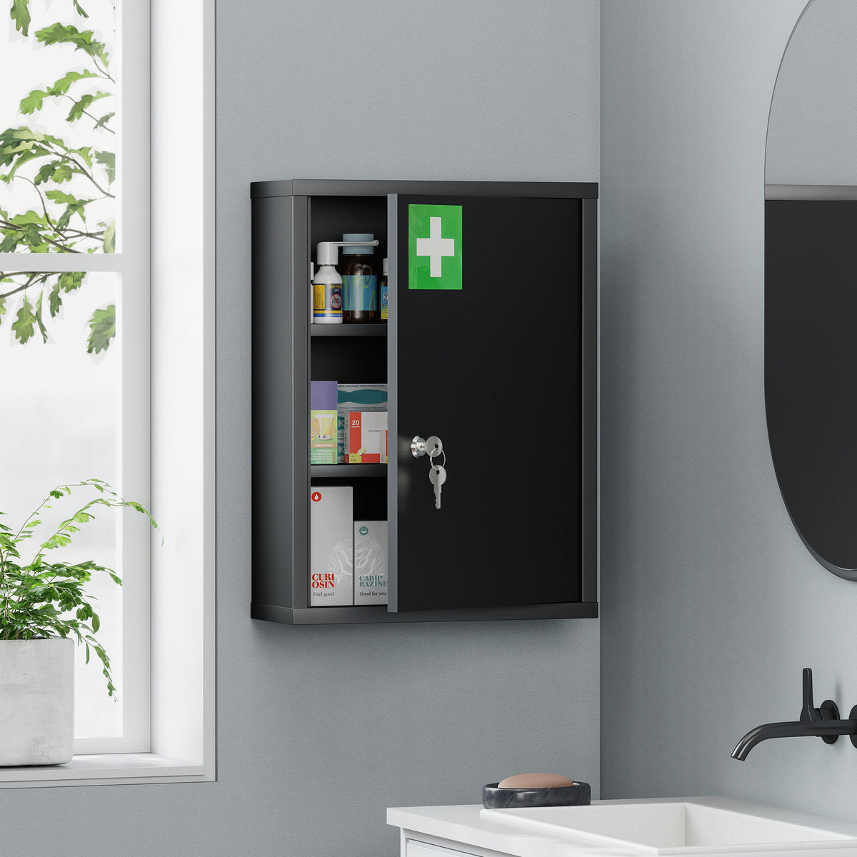 Medicijnkast voor wandmontage met slot, 3-laagse stalen wandkast, 40 x 15 x 53,5 cm, zwart (2)
