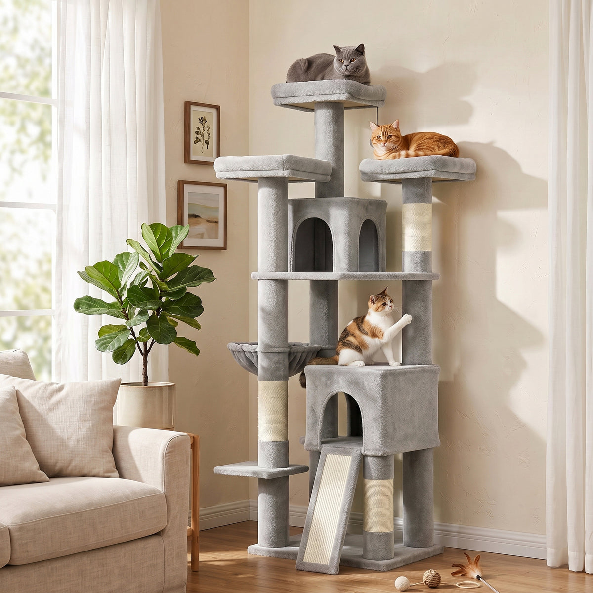Grote krabpaal 184 cm hoog, kattenboom met 3 krabpalen, ligplekken, speelbal, hangmat, ladder, voor katten onder (2)